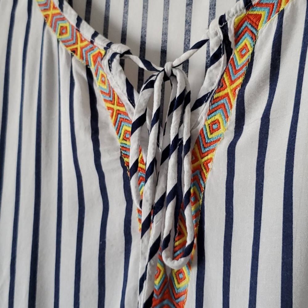 Entro Blue White Stripe Flutter Sleeve Tassel Tie Boho Blouse Top Size S/M - Picture 3 of 6
